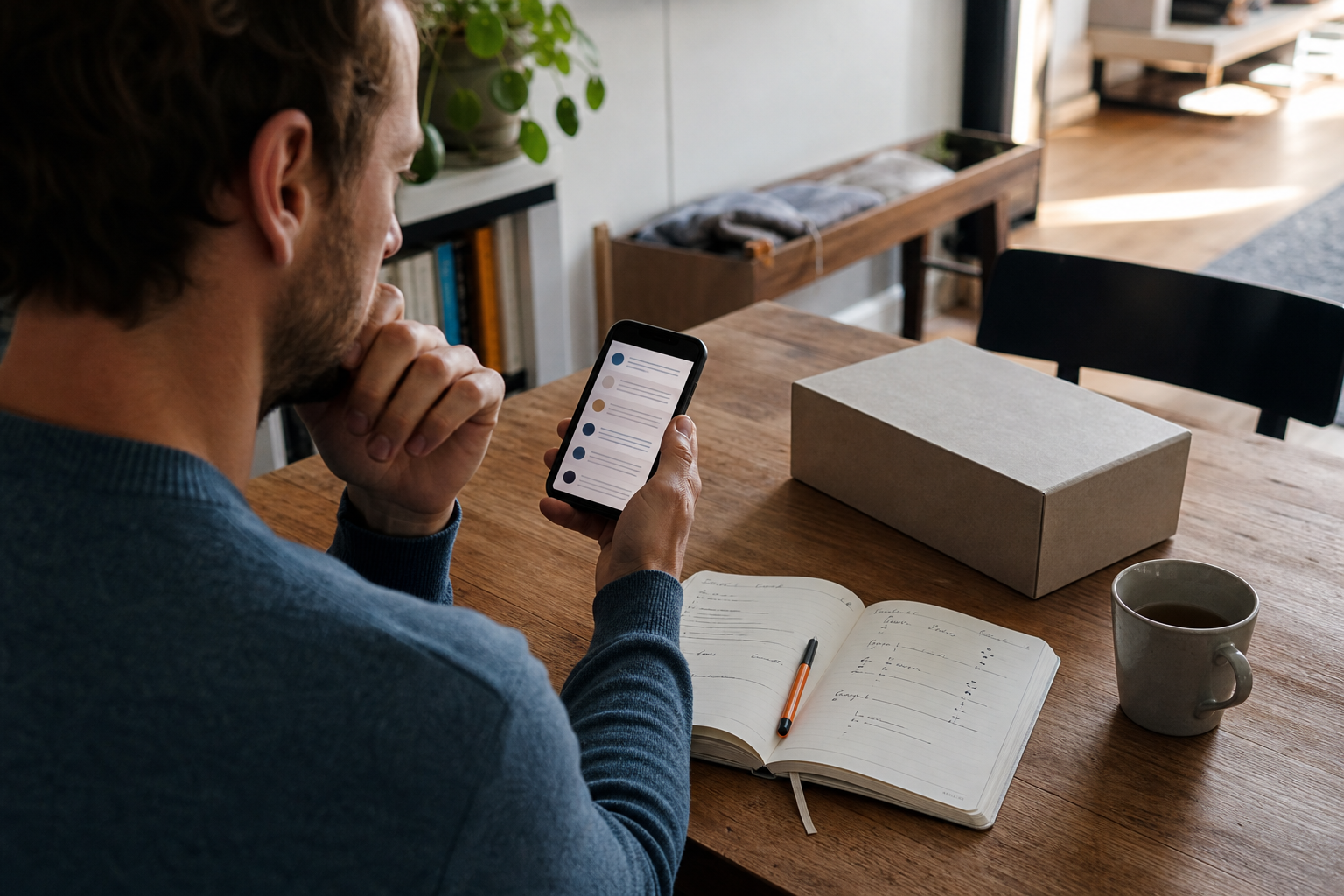 Consument vergelijkt online ervaringen op een telefoon met eigen notities naast een merkloze doos