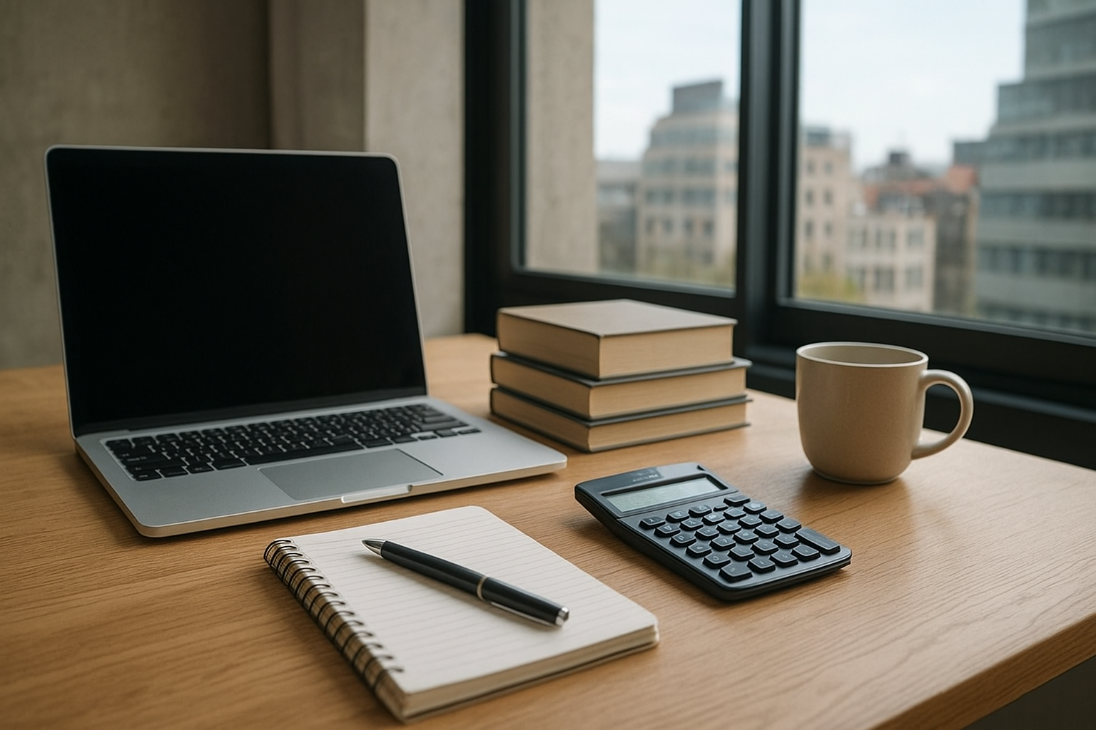 Laptop met quizpresentatie naast scorekaarten en notitieblokken voor een bedrijfsfeest