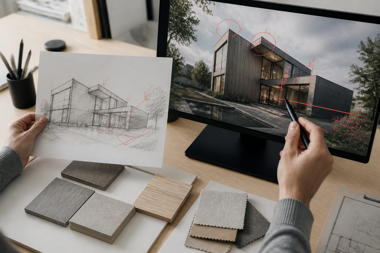Ontwerper vergelijkt een eerste schets met een uitgewerkte artist impression