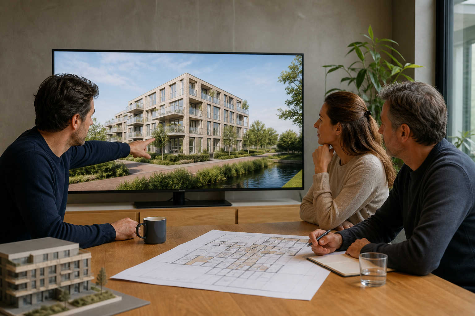 Vastgoedteam beoordeelt een 3D-visualisatie tijdens een projectoverleg